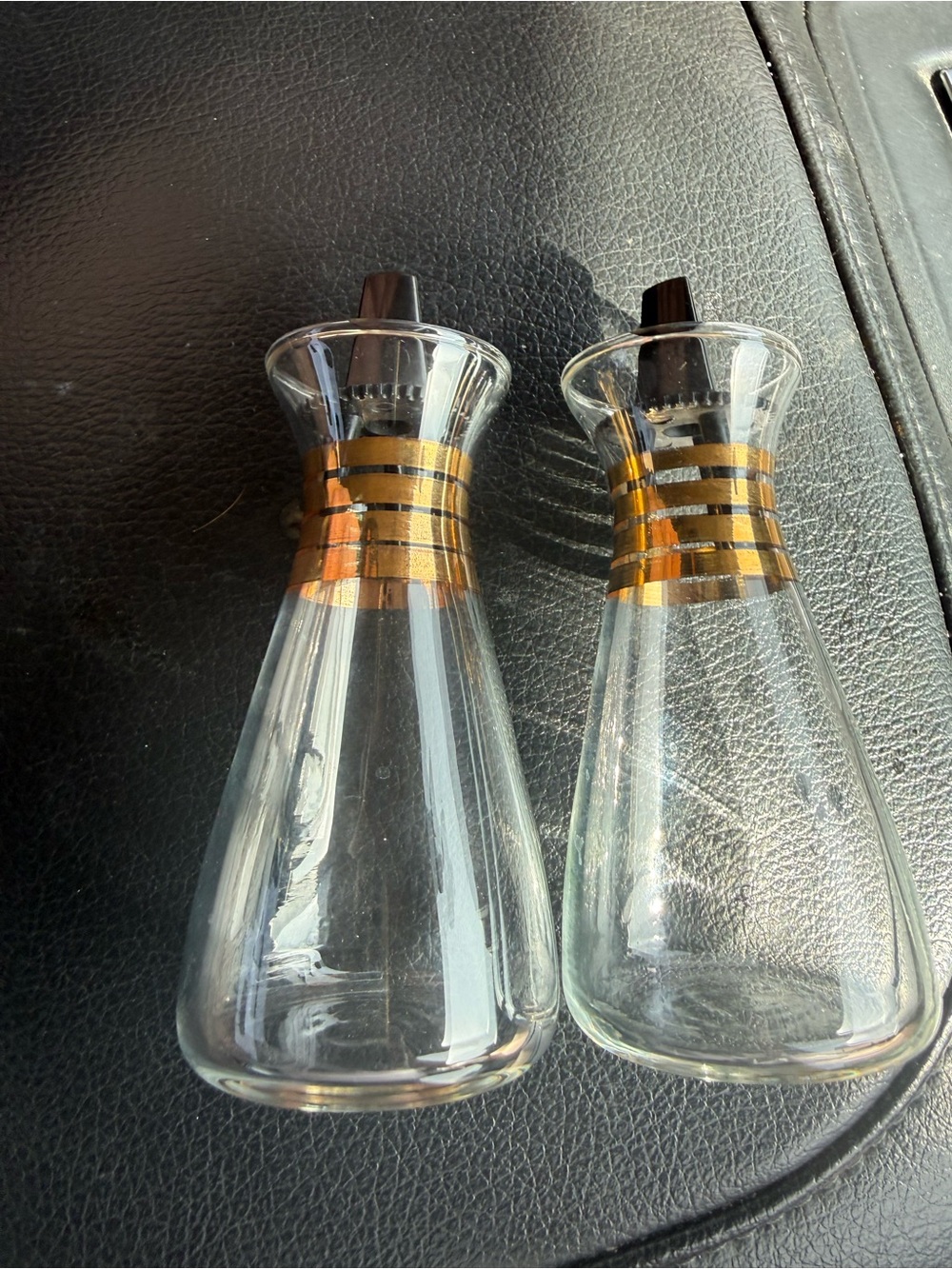 Pyrex Clear Glass Salt and Pepper Shakers with Gold Banding